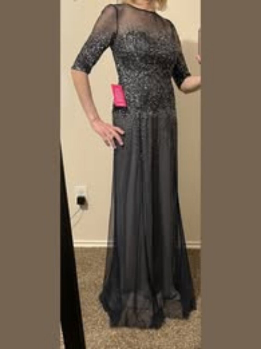 Adrianna Papell Navy 3/4 Sleeve Beaded Illusion Gown with Round Neckline - Size